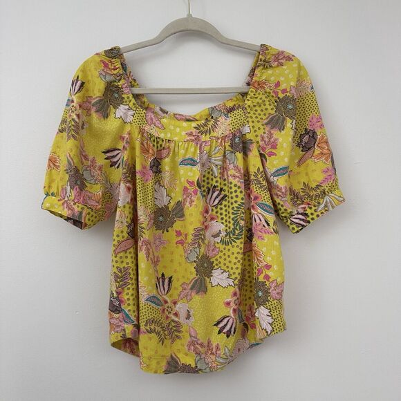 Loft Womens S Linen Blend Blouse Patchwork Puff Short Sleeve Boho Bold Preppy - Picture 2 of 7